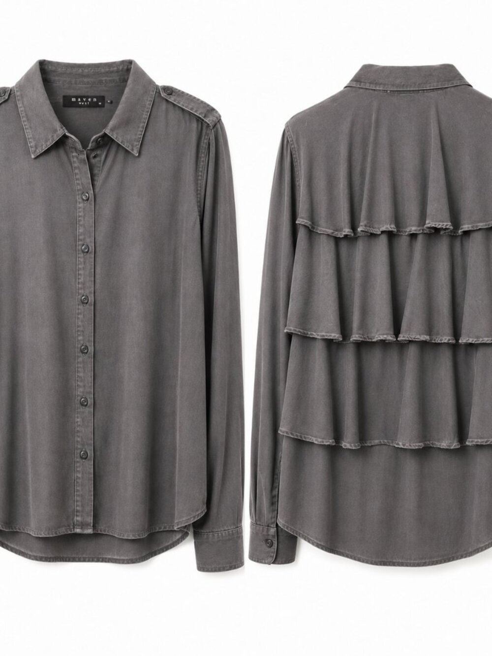Maven West Blouse Womens M Gray Tencel Rayon Tiered Back Button Up Made USA
